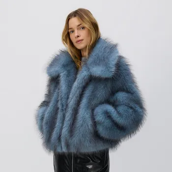 Dámský kabát Reserved - Umělý kožich s límcem - modrá - 689HD-55M - 689HD-55M-L