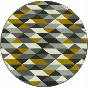 Koberec Průměr 120 cm KULATÝ ŠEDÝ MEDOVÝ HOŘČICOVÝ KOBEREC LUNA KOLO ŽLUTÉ TROJÚHELNÍKY