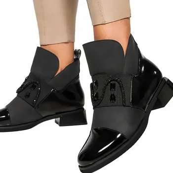 Dámská zimní obuv DÁMSKÉ ČERNÉ KOTNÍKOVÉ BOTY MÓDNÍ GEOMETRICKÝ PODPATEK GUMA S KRYSTALKY vel. 37