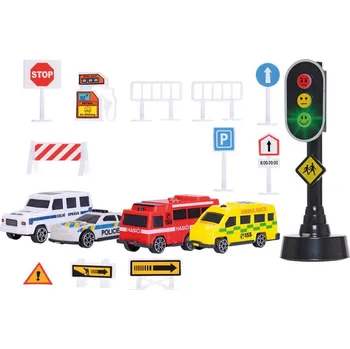 Hračka pro nejmenší Sada aut 4 ks 7 cm s dopravními značkami a semaforem na baterie se světlem