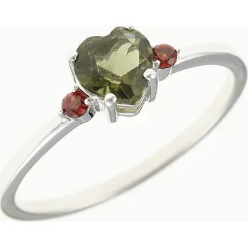 Prsten My Moldavite Stříbrný prsten s vltavínem a granáty - srdce 150G-14496 59 mm