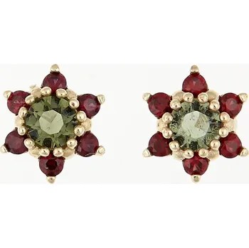 Náušnice My Moldavite Zlaté náušnice s vltavíny a granáty 2007-3