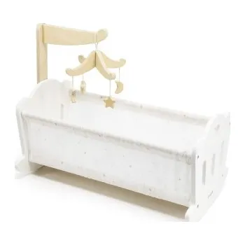 Doplněk pro panenku VIGA Dřevěná postýlka pro panenku 38cm - kolébka bílá s kolotočem