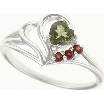 Prsten My Moldavite Stříbrný prsten s vltavínem a granáty - srdce 414G-14343 52 mm
