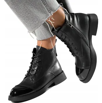 Dámská zimní obuv KOŽENÉ DÁMSKÉ KOTNÍKOVÉ BOTY KOTNÍKOVÉ BOTY LAKOVANÁ ŠPIČKA KLASICKÉ ČERNÉ vel. 38