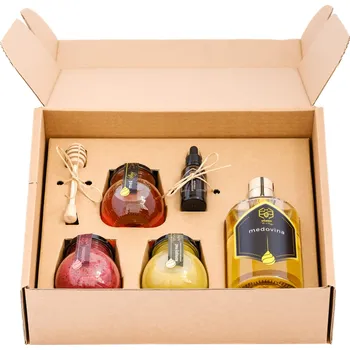 Dárkový potravinový koš Včelín Medový box velký s medovinou a konopným medem