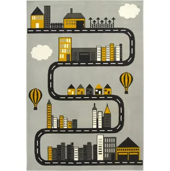 Koberec KOBEREC ŠEDÝ DO DĚTSKÉHO POKOJE ULICE CESTA DOMKY BALÓNKY LUNA KIDS 140x200 cm