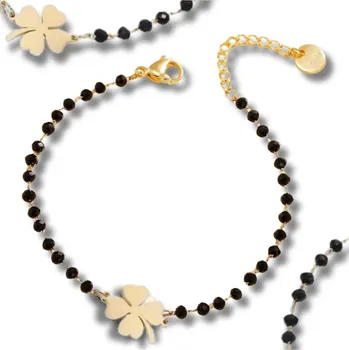 Náramek Pozlacený Náramek z Chirurgické Oceli s Černými Korálky a Přívěskem Čtyřlístek, Délka 16 cm + Prodloužení 6 cm