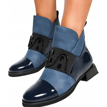 Dámská zimní obuv DÁMSKÉ TMAVĚ MODRÉ KOTNÍKOVÉ BOTY MÓDNÍ GEOMETRICKÝ PODPATEK GUMA S KRYSTALKY vel. 37