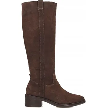 Dámské kozačky Dámské hnědé kozačky z velurové kůže na sloupkovém podpatku RYŁK