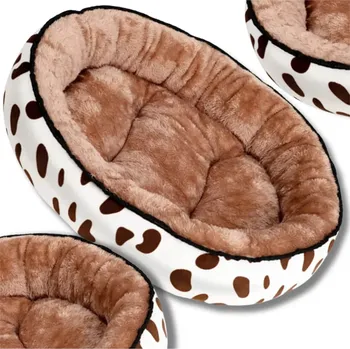 Pelíšek pro psa Kulatý pelíšek pro psy a kočky z měkkého plyše, voděodolný, průměr 50 cm, krémová barva s hnědými skvrnami