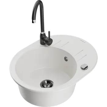 Mexen Kevin, dřez granitový 586x458x190 mm, 1-komorový a černá matná baterie Telma, bílá, 6517-20-670200-70