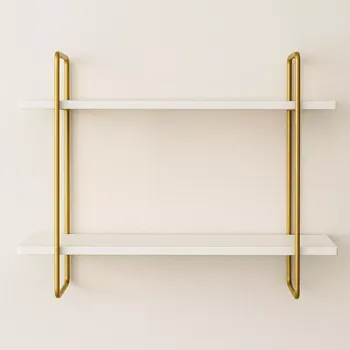 police Nástěnná police se 2 policemi z melaminu a kovu, bílá/zlatá - Forme