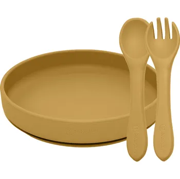 dětská jídelní sada PETITEMARS PETITE&MARS Set jídelní silikonový TAKE&MATCH 2 ks talíř + příbor Intense Ochre 6m+
