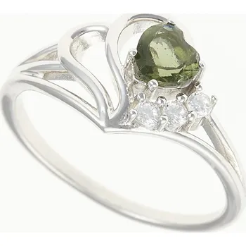 Prsten My Moldavite Stříbrný prsten s vltavínem a zirkony - srdce 414Z-14358 55 mm