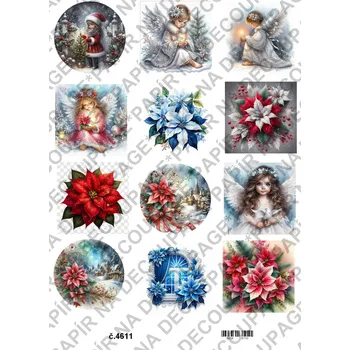 Umělecký papír Rýžový a soft papír na decoupage - Vánoční hvězda, andělé - KB4611 Materiál: Soft, Rozměr: A4