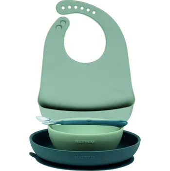 NATTOU Set jídelní silikonový s bryndáčkem 4 ks zelený bez BPA