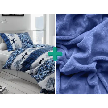 Povlečení 2x povlečení mikroplyš VÁNOČNÍ SOBI modré + prostěradlo mikroplyš SOFT 180x200 cm modré, 140x200 / 70x90 cm