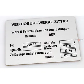 Spojovací materiál motoru Diverse / Import Typový štítek, hliníkový 85 mm 60 mm 1 mm pro Simson Duo 4/ MG00083352