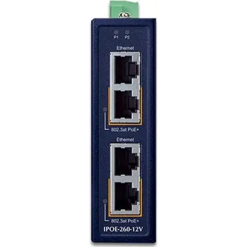 Switch PLANET IPOE-260-12V PoE injektor, průmyslový, 2x port, 4x1Gb, 2x 802.3at 30W, DIN, IP30, -40~75°C, duální napájení 12-56V DC IPOE-260-12V