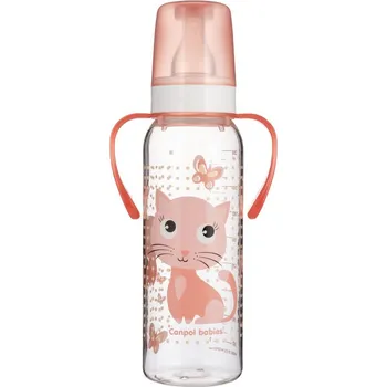 Kojenecká láhev CANPOL BABIES 11/845 Lahev s úchyty CUTE ANIMALS 250ml kočička růžová