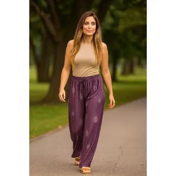 Dámské kalhoty NOVINKA- Květované volné kalhoty - fialové