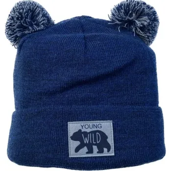 Čepice AJS Zimní pletená čepice WILD medvěd Modrá s 2mi bambulemi vel. 42-46cm