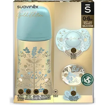 dudlíky SUAVINEX GOLD SET Láhev 270ml + DUDLÍK Fyziologický 0/6 + KLIP - Modrý