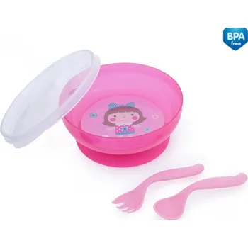 dětská jídelní sada Canpol babies Miska s víčkem, lžičkou a vidličkou TOYS 350ml holka - růžová