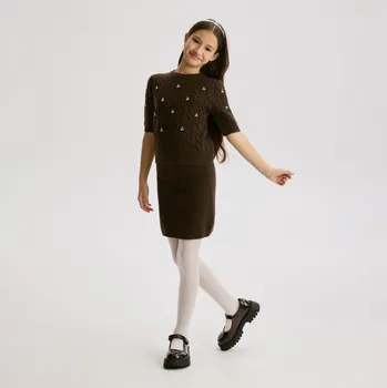 Dívčí svetr Reserved - Pletená sukně s příměsí vlny - pudrově hnědá - 844FH-98M - 844FH-98M-164