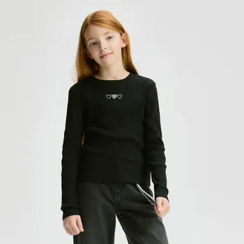 Dívčí oblečení Reserved - Žebrovaná halenka s aplikací - černý - 353FT-99X - 353FT-99X-140