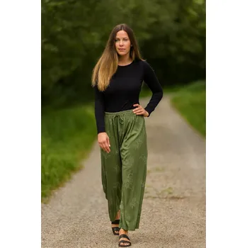 Dámské kalhoty NOVINKA- Volné kalhoty s velkým květinovým vzorem - tmavě zelené