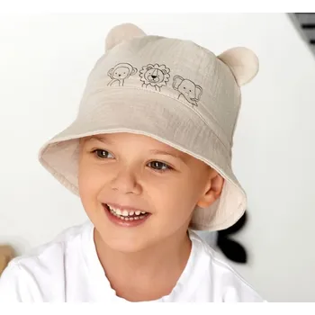 Kojenecká čepice AJS Letní mušelínový klobouček OUŠKA Boy Safari vel. 50 (Béžová, modrá)
