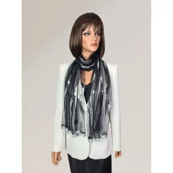 Šála Classic Scarf Elegantní slavnostní černá šála se stříbrnými třpytivými flitry pléd přes šaty