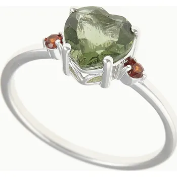 Prsten My Moldavite Stříbrný prsten s vltavínem a granáty - srdce 110G-14616 49.5 mm