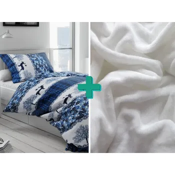 Povlečení Povlečení mikroplyš VÁNOČNÍ SOBI modré + prostěradlo mikroplyš SOFT 90x200 cm bílé