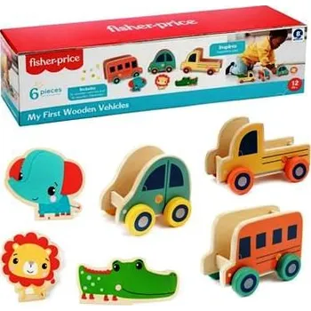 Hračka pro nejmenší Fisher Price Moje Dopravní prostředky + zvířátka dřevo 6ks, 12m+