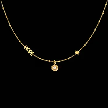 Náhrdelník Jemný kuličkový náhrdelník s nápisem naděje „HOPE & STAR“ z pozlacené chirurgické oceli č. 1780