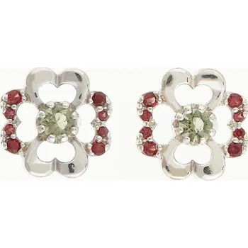 Náušnice My Moldavite Stříbrné náušnice s přírodními vltavíny a granáty - čtyřlístek 2119