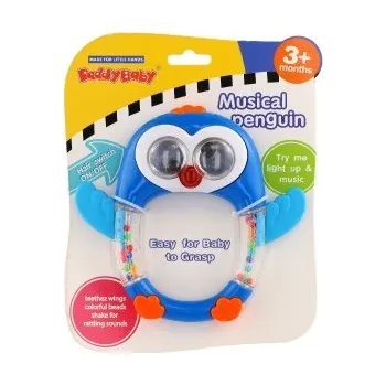 TEDDIES Chrastítko/Kousátko tučňák plast 15x14cm na baterie se zvukem, světlem na kartě, 3m+