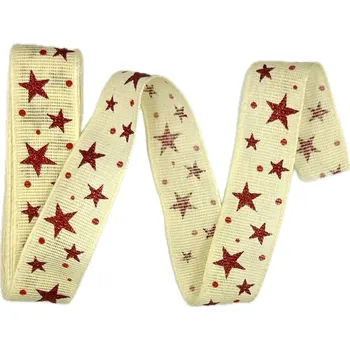 Stuha Stuha vánoční lněná LINEN STAR MAGIC CREAM krémová 25mm x 3m (10,-Kč/m) (Vánoční stuha lněná, skládaná, krémová, jednostranný potisk, jemný glitrový efekt, okraje zpevněné tkaním)