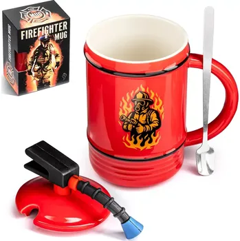 Žertovný předmět Hasičský hrnek 450 ml – Keramický hrnek ve tvaru hasicího přístroje, víčko a lžička