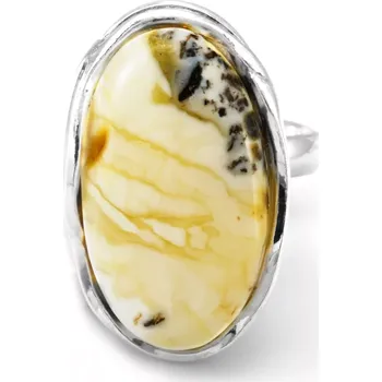 Prsten Stříbrný prsten (Ag 925/1000) s baltským bílým jantarem prorostlým ve žlutém jantaru s inkluzemi QAA, vel. kamene cca 28 x 18 mm, POUZE VELIKOST 55/56, "den a noc II" (JA2119R)