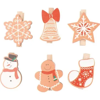 Mix dřevěných vánočních dekorací na kolíčku cca 3 x 4 x 0,3 cm, 6 ks v sáčku