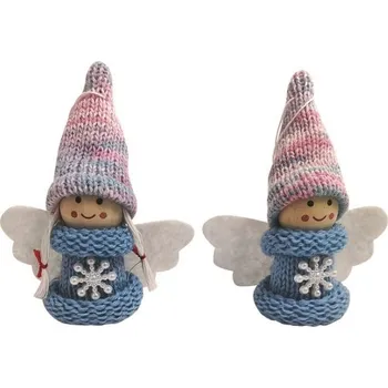 Vánoční dekorace Anděl s duhovou čepicí v modrém svetříku na zavěšení 8,5 cm