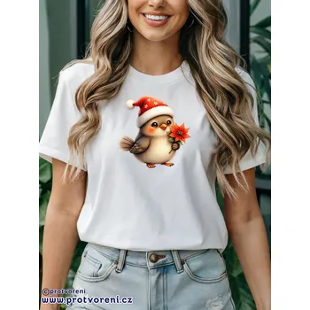 Dámské tričko Trička s potiskem Tričko s potiskem, PTÁČEK s čepicí a kytičkou, 1 ks zvolte VELIKOST textilu ZDE:: S - velikost typ Beagle