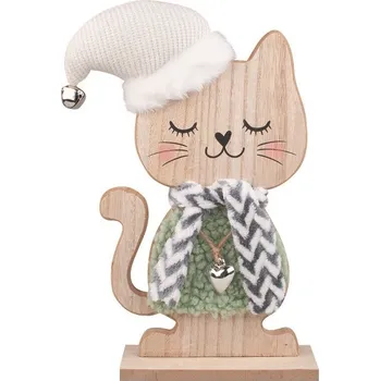 Kočka v zeleném kožíšku dřevěná na postavení 17 x 27,5 x 6 cm