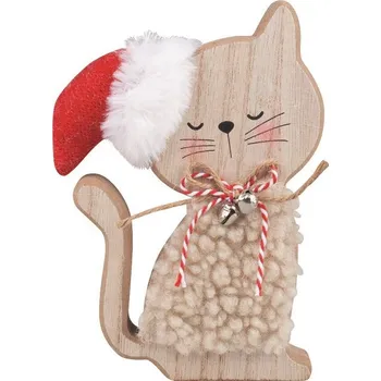 Vánoční dekorace Kočka v červené čepici dřevěná na postavení 12 x 15,5 x 2,5 cm
