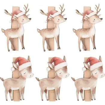 Vánoce Oslíci a srnky v santovských čepicích dřevění na kolíčku 3 x 4,5 x 0,3 cm, 6 ks v sáčku