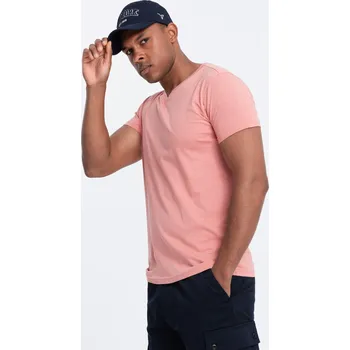 Pánské tričko Pánské klasické bavlněné tričko BASIC s výstřihem - růžové V7 OM-TSBS-0145 - L